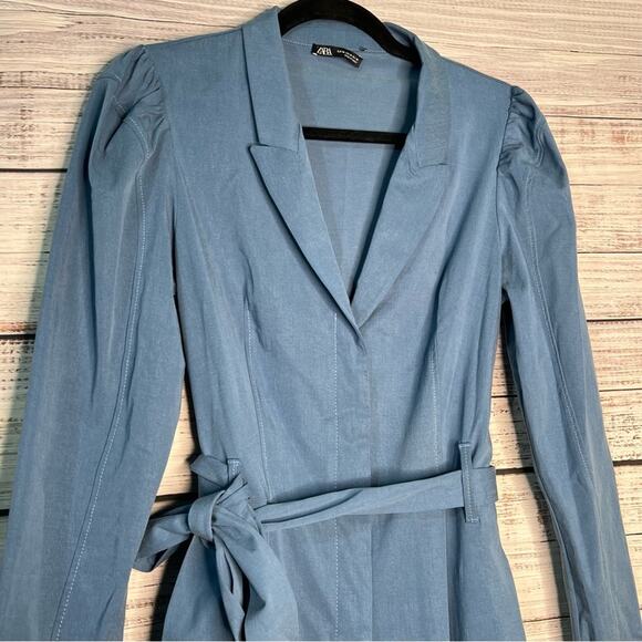 Zara Medium Blue Blazer Jumpsuit Puff Shoulder V Neck Tencel Lyocell - Picture 9 of 16
